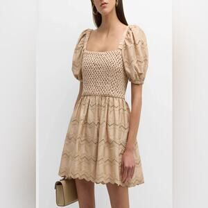 NWT Atelier 17.56 Cassandra Smocked Eyelet Mini Dress Sand Size Small Coquet